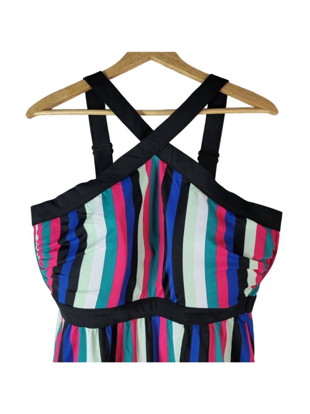 Cacique Swim No Wire Tankini Black Multicolor SZ 18 Lightly Lined Striped NEW - Picture 2 of 10